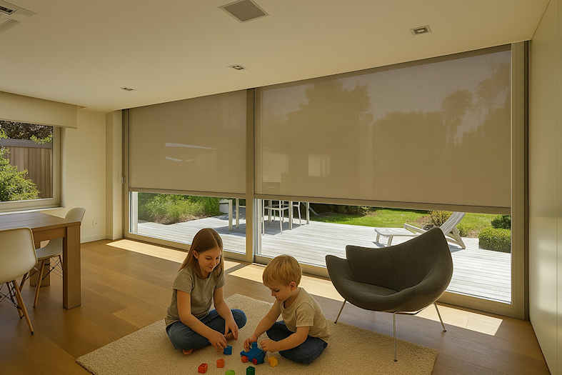 photo ambiance store extérieur enfant jouant dans un salon équipé d'un store extérieur